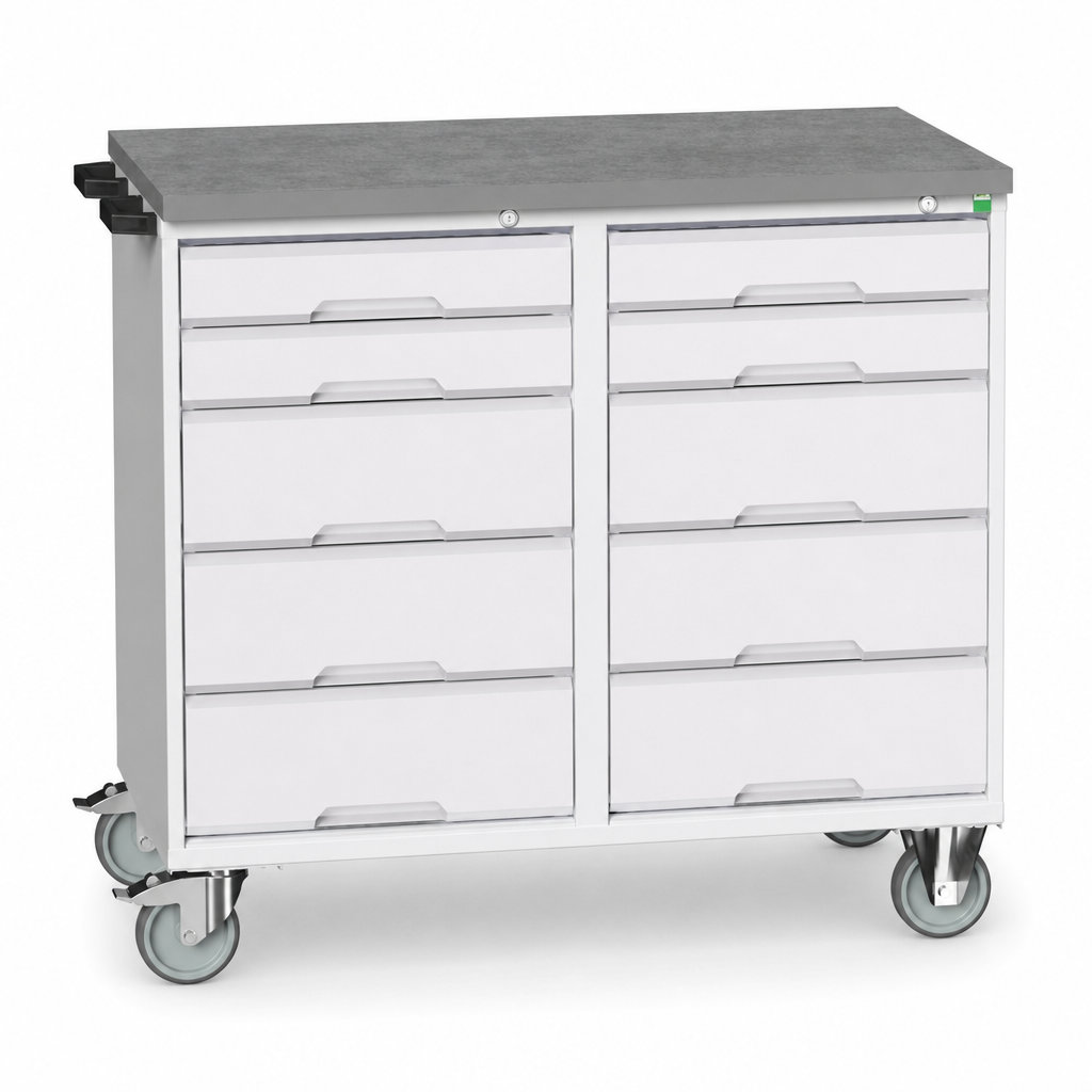 Partitioned 10 Drawer Mobile Storage Cabinet with Worktop