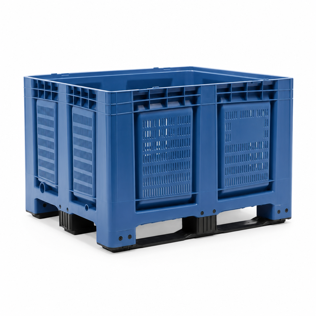 Perforated Plastic Pallet Box with 3 Forklift Skids