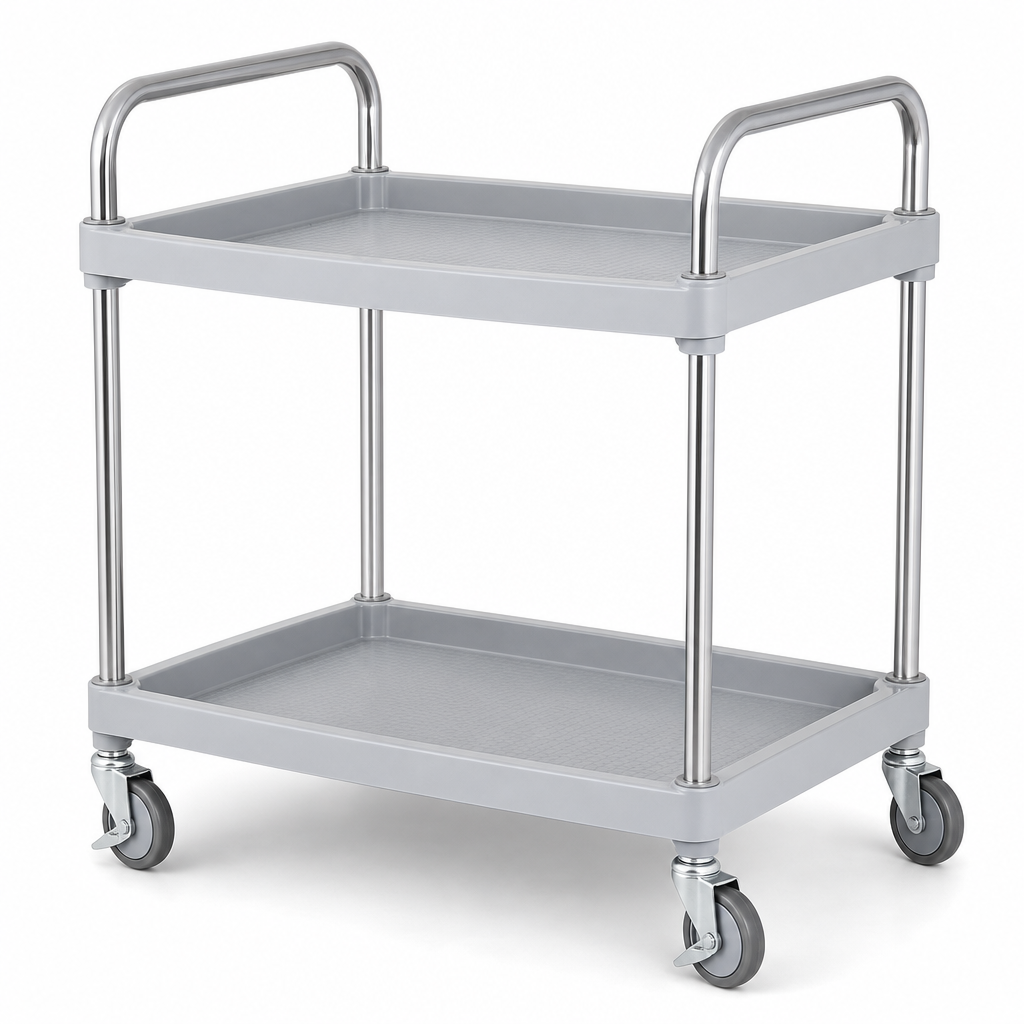 Plastic Tray Utility Trolley with Two Shelves and Handles