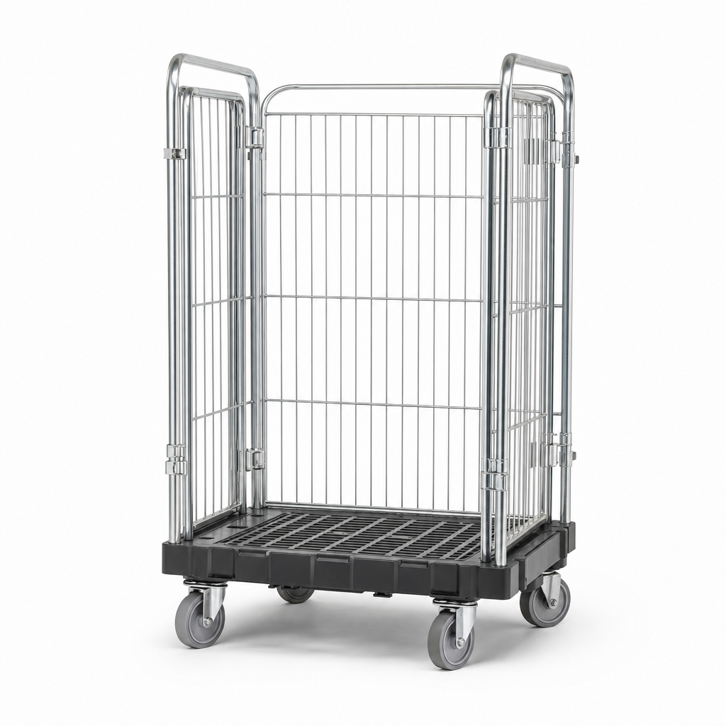 Roll container with plastic base and removable sides