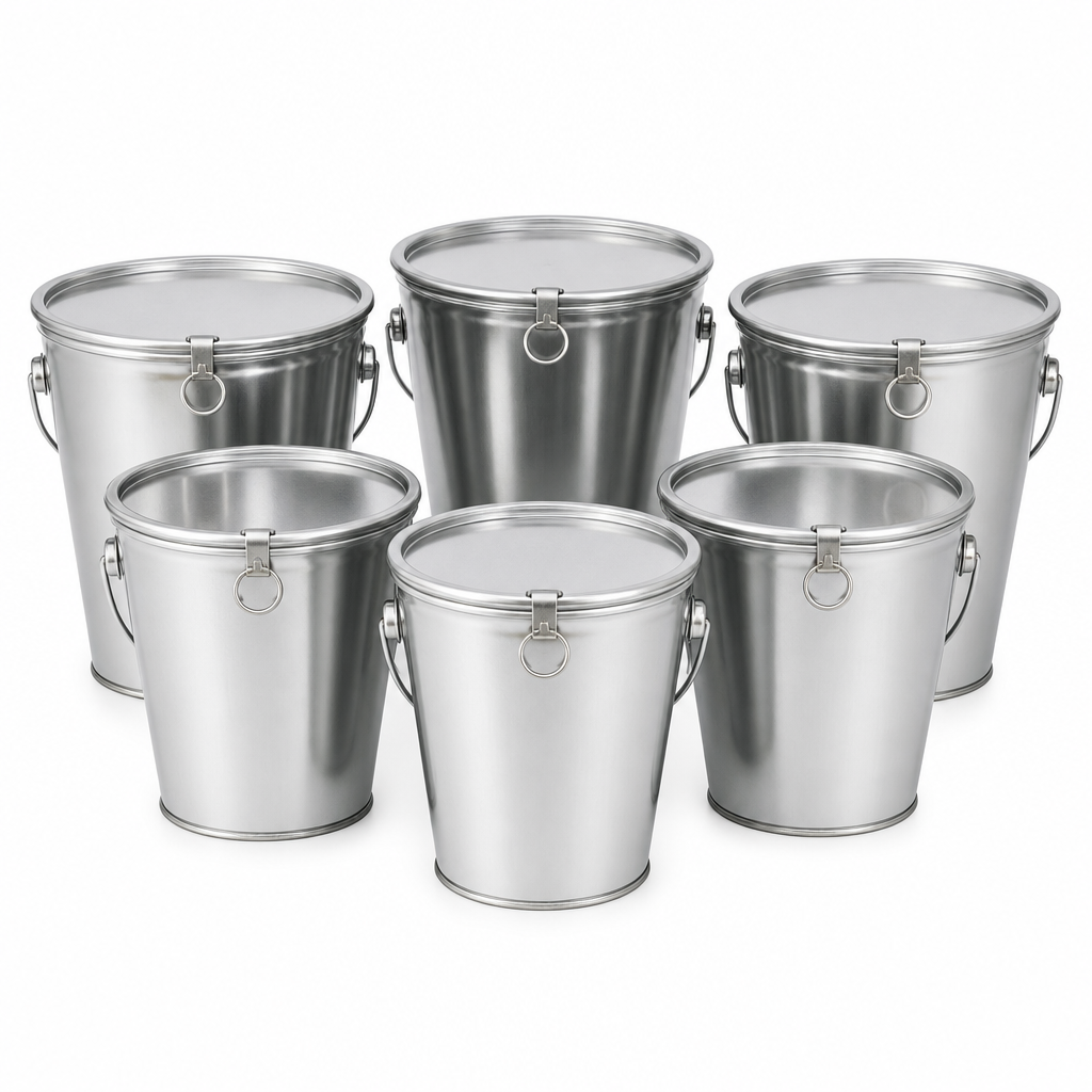Set of 6 Tapered Tinplate Pails with Ring Latch Lids
