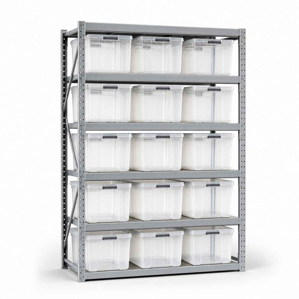 Shelving Bays with Clear Plastic Storage Boxes 1600h x 1220w