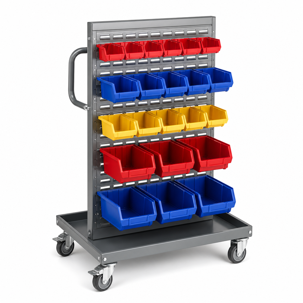 Single Sided Louvre Panel Trolley with Storage Bins