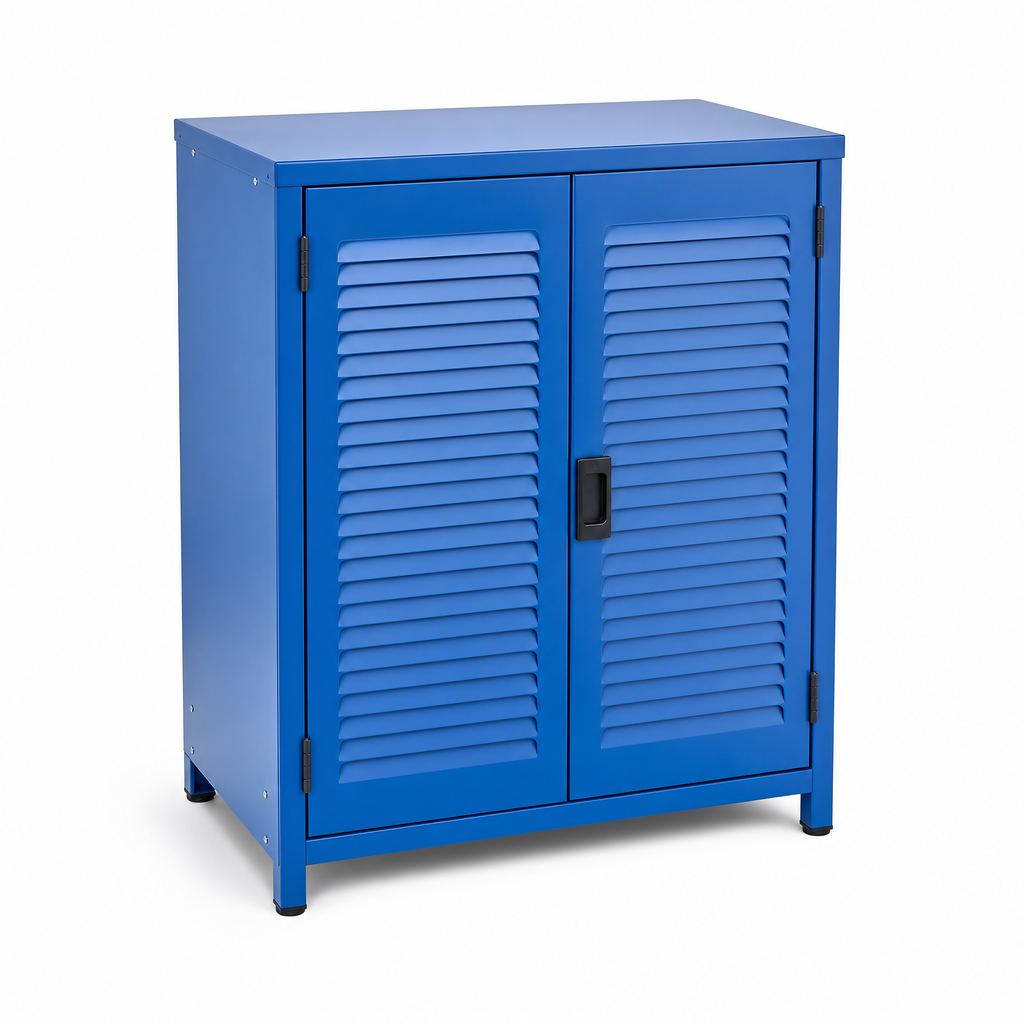 Small Blue Tool Cupboard with Louvre Panels – Flat Pack