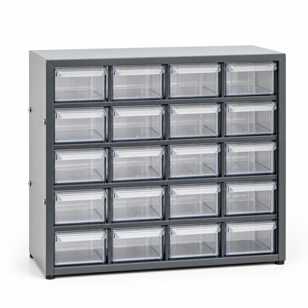 Small Parts Storage Unit with 16 Clear Boxes