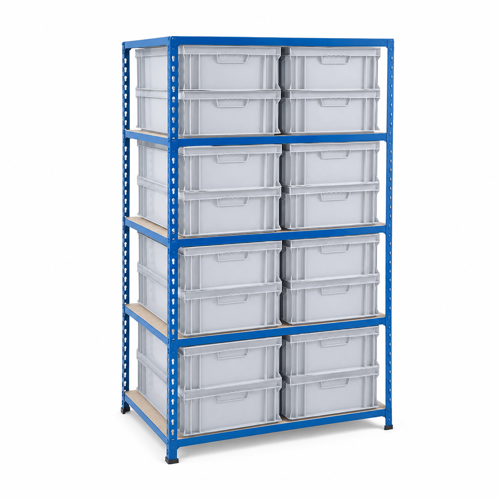 Steel Shelving Bay with 16 Solid Euro Storage Containers