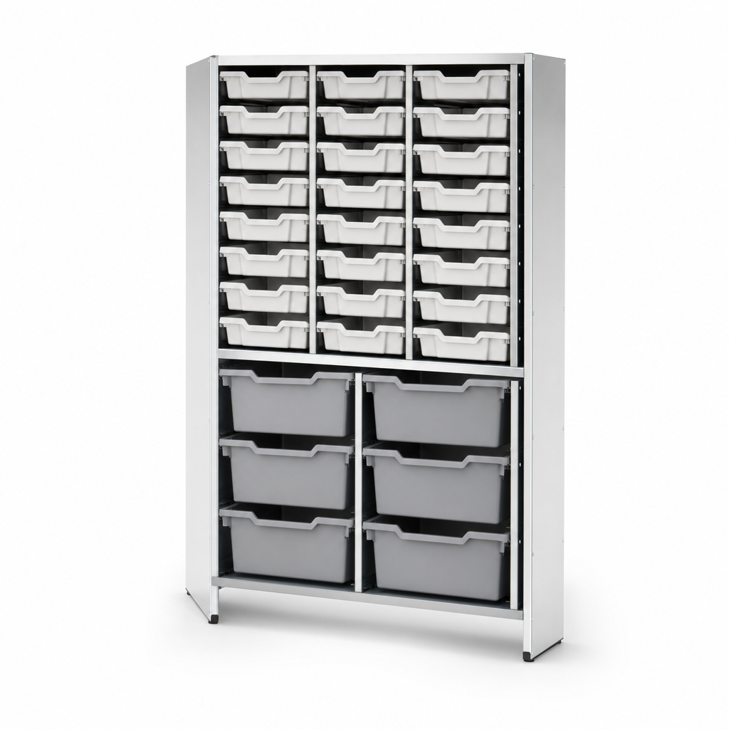 Steel Shelving Bay with 21 Shallow & 6 Jumbo Storage Trays
