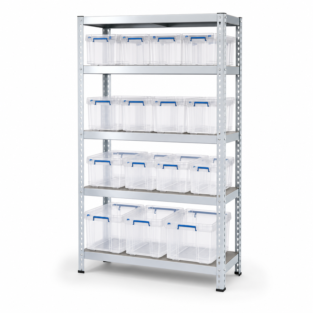 Steel Shelving Bay With Clear Storage Boxes