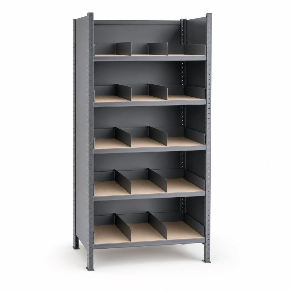Steel Shelving Bay with Dividers, Back & Side Stops, 5 Shelves