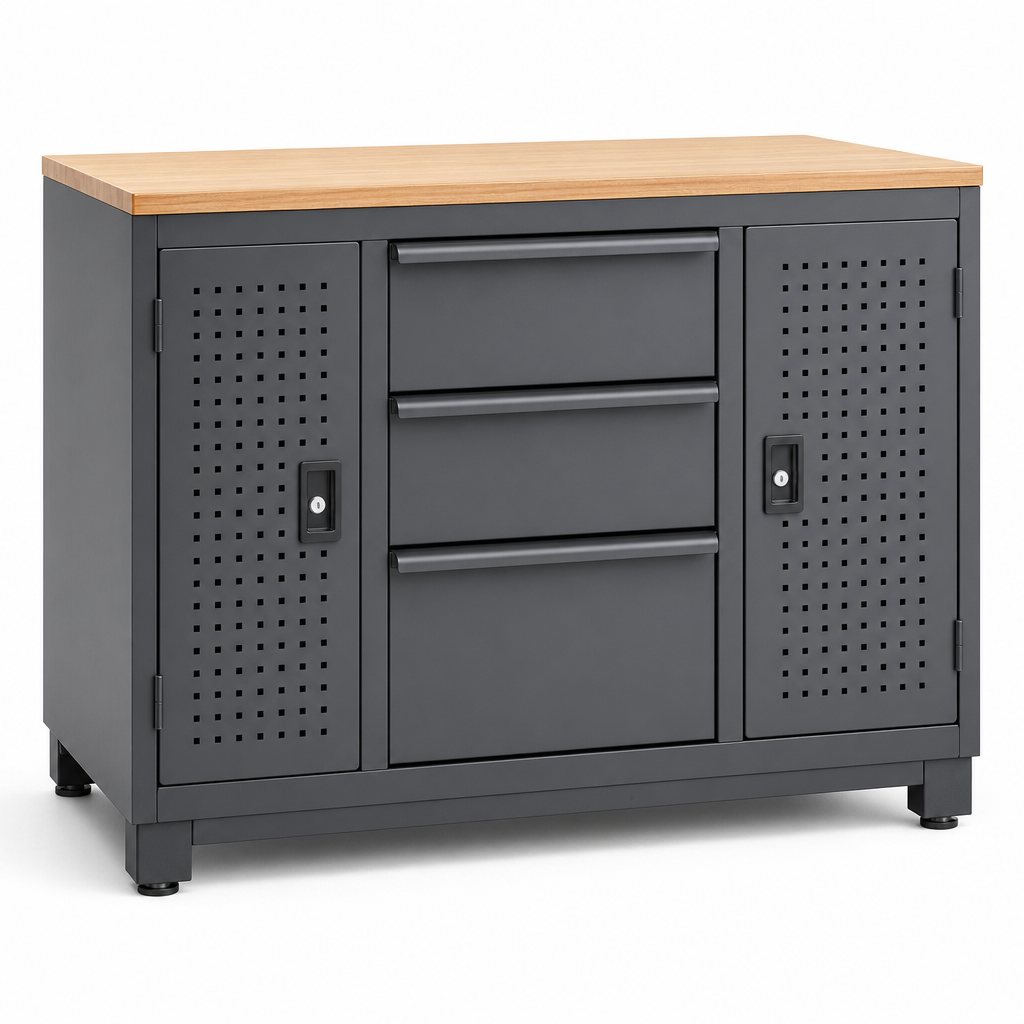 Steel Tool Cabinet with Perforated Doors and 3 Drawers 900x800x750