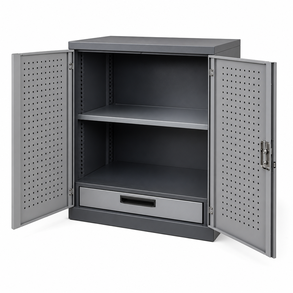 Steel Tool Cabinet with Perforated Doors, Shelf and Drawer 600x800x650mm