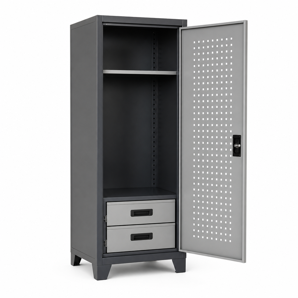 Steel Tool Cupboard with Perforated Door, Shelf and 2 Drawers