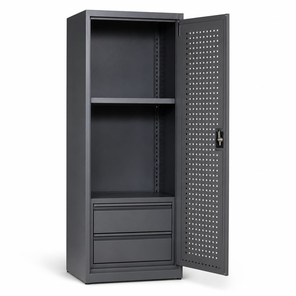 Steel Tool Cupboard with Perforated Door, Shelf and 2 Drawers
