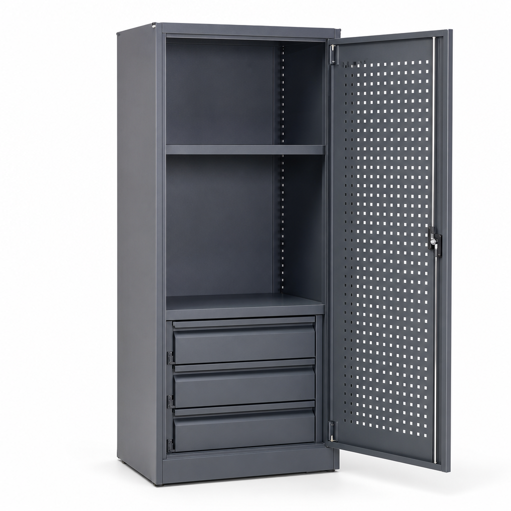 Steel Tool Cupboard with Perforated Door, Shelf and 3 Drawers