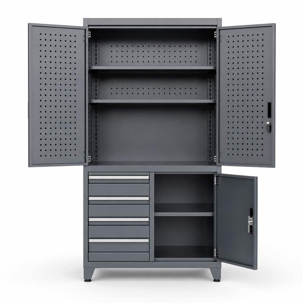 Steel Tool Cupboard with Shelf, Drawers and Perforated Doors