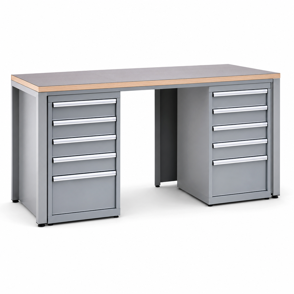 Steel Workbench with 5 Drawers and Lino Worktop