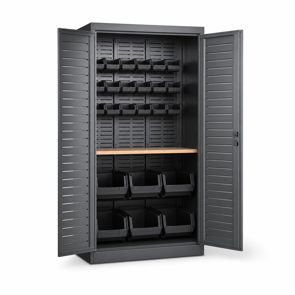 Tall Metal Cupboard with Louvre Panels and Storage Bins