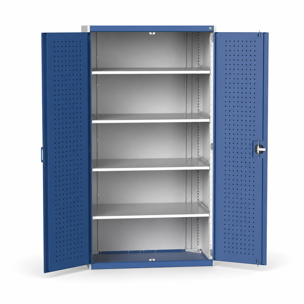 Tall Metal Storage Cupboard with Perforated Doors and Drawers