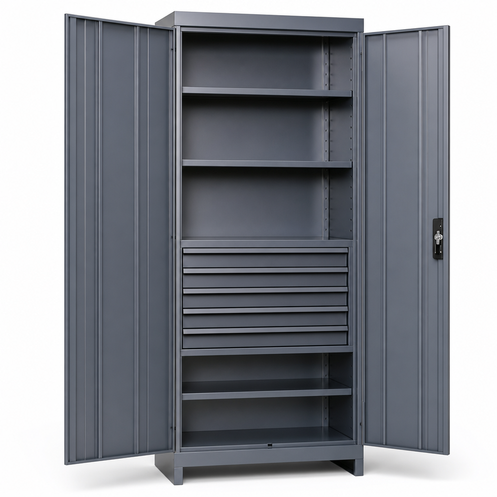 Tall Steel Tool Cupboard with Drawers and Shelves 2000x1050mm