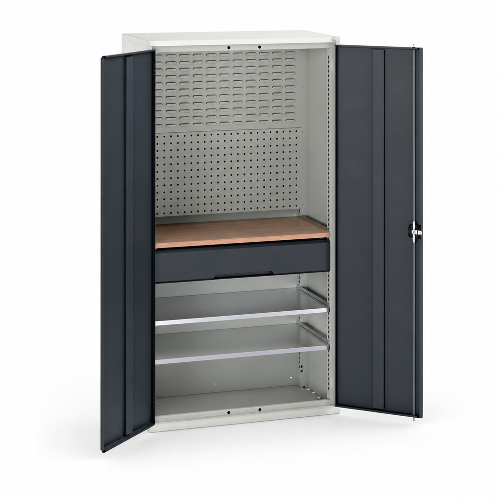 Tall Steel Workshop Cupboard with Drawers and Shelves 2000x1050mm