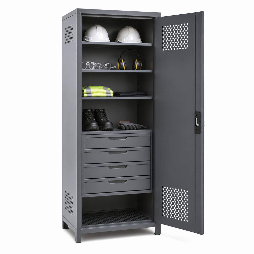 Tall Ventilated PPE Metal Cabinet with Drawers and Shelves