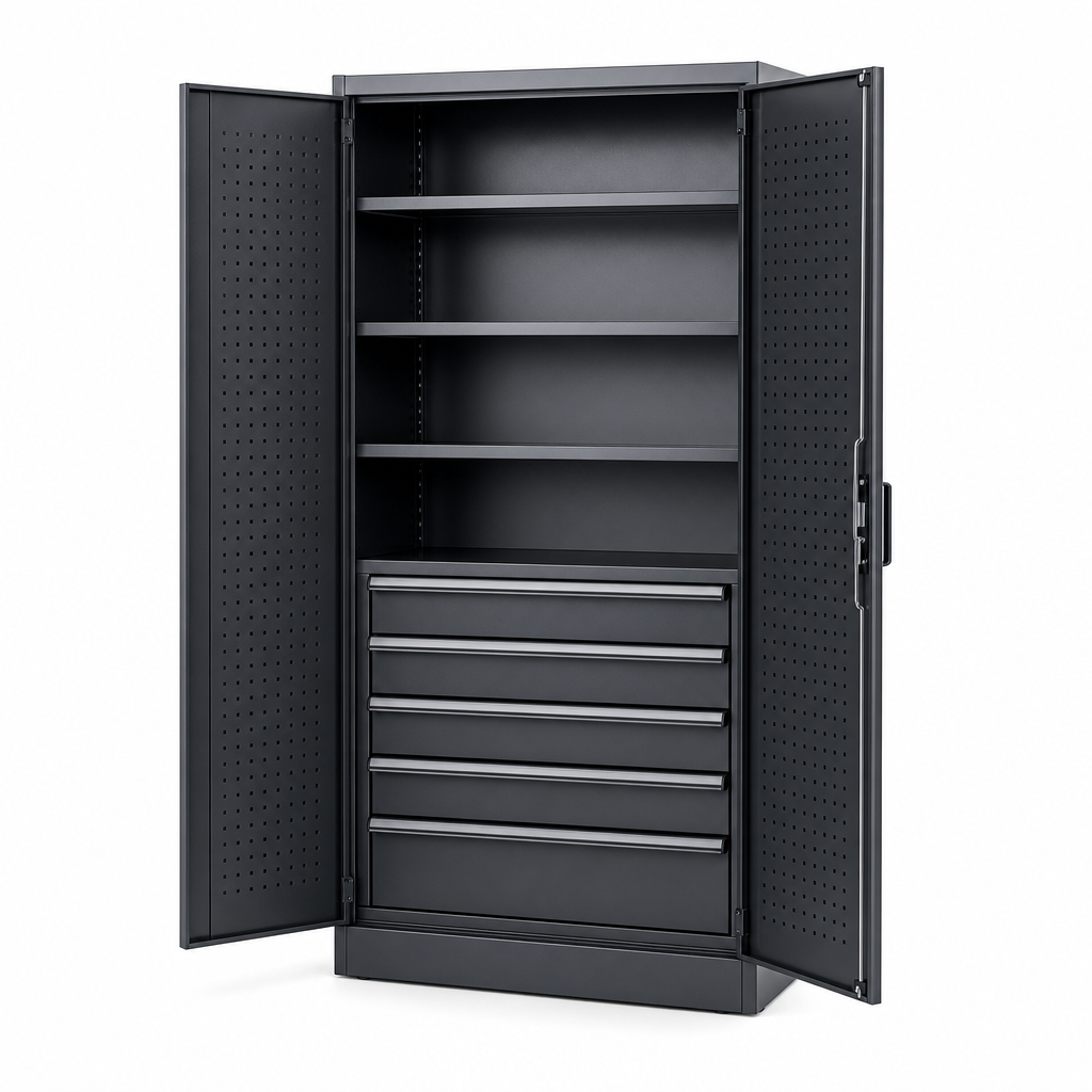 Tall Workshop Cupboard with Drawers and Shelves
