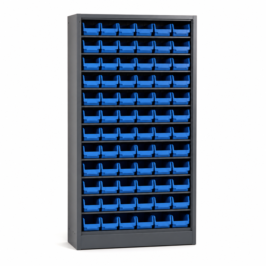 Tall Workshop Storage Cabinet with 66 Plastic Bins 2000x1050mm
