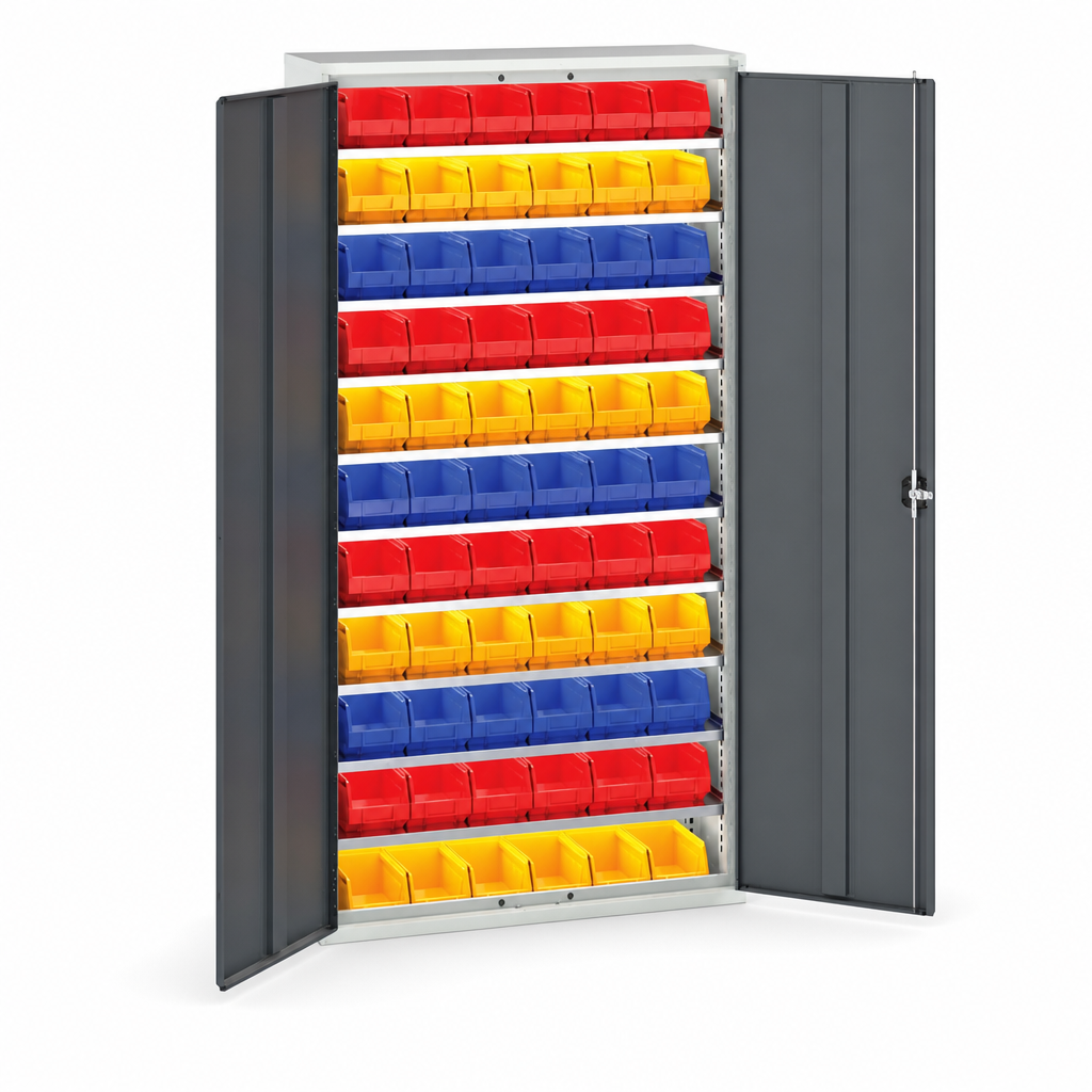 Tall Workshop Storage Cabinet with 66 Plastic Bins 2000x1050mm
