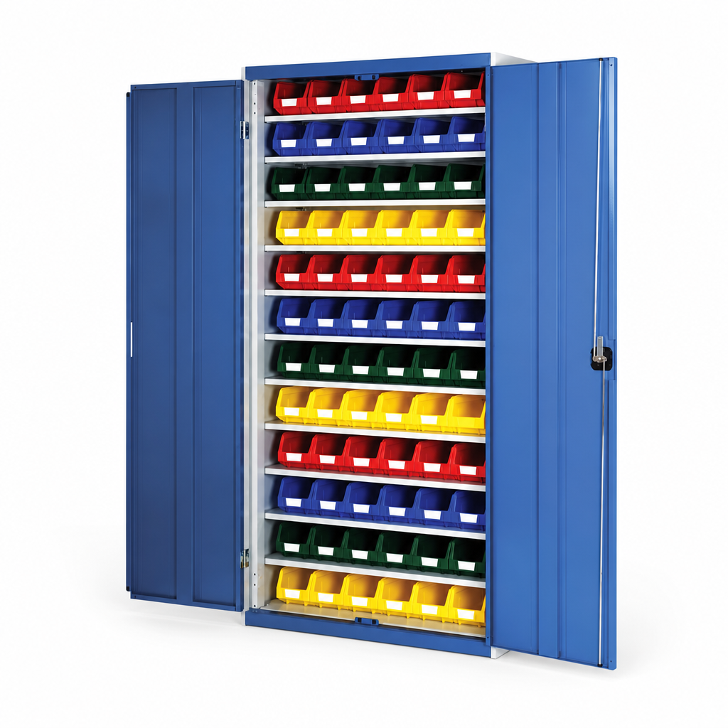 Tall Workshop Storage Cupboard with 72 Plastic Bins 2000x1050mm
