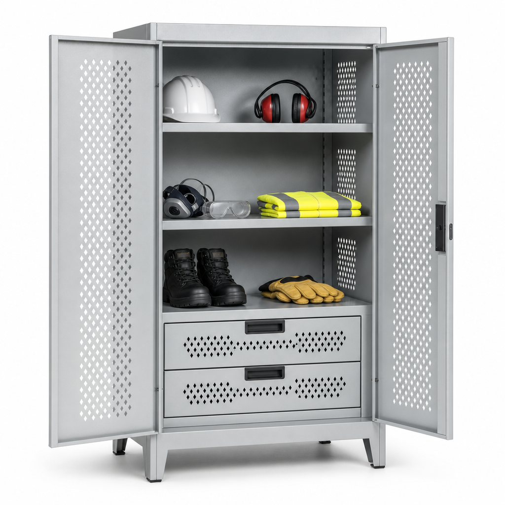Ventilated Metal PPE Cabinet with Drawers and Shelves 1000x1050mm
