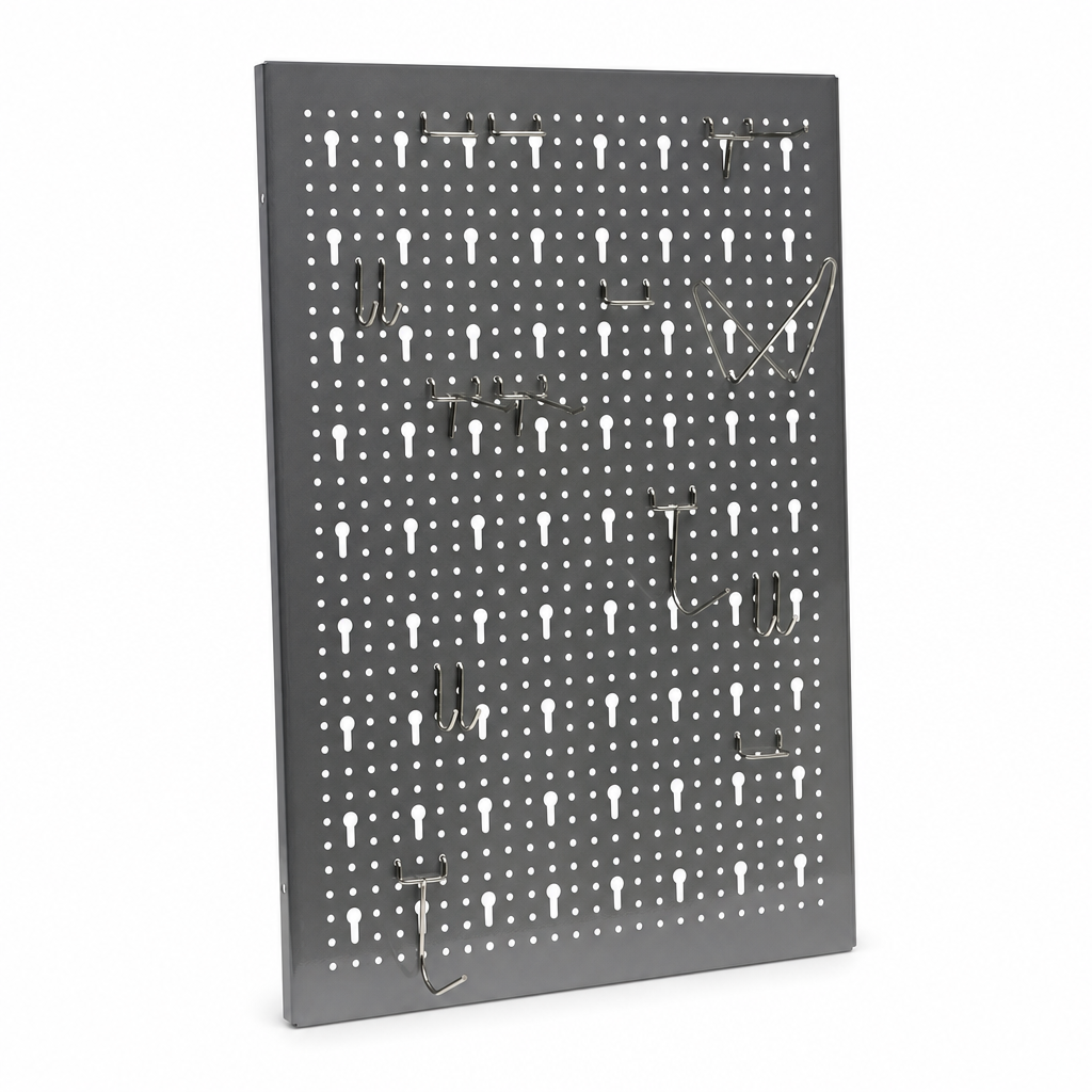 Wall Mounted Pegboard Panel with Assorted Hooks