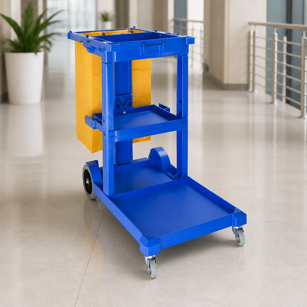 Commercial Cleaning Trolley with Shelves and Clips - Blue