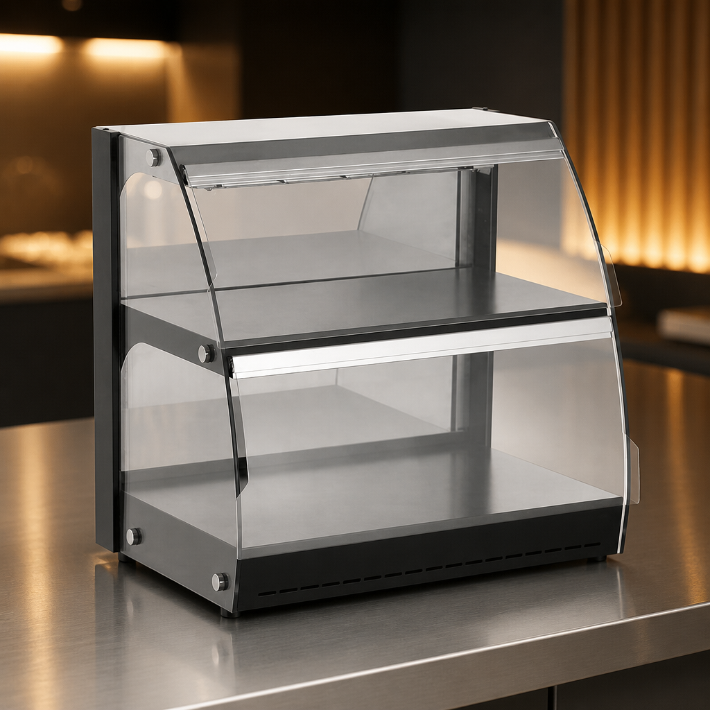Commercial heated display unit for four half-size trays