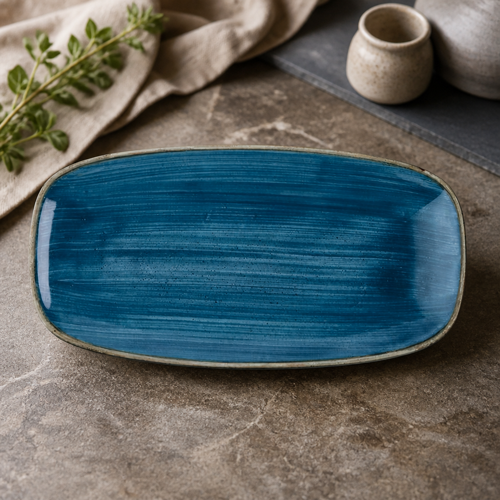 Commercial Oblong Plates 355mm Java Blue Super Vitrified Ceramic