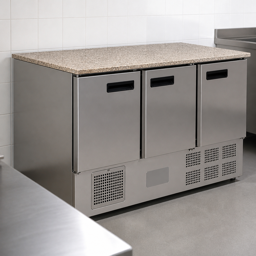 Commercial 3 Door Counter Fridge with Granite Work Top 368Ltr
