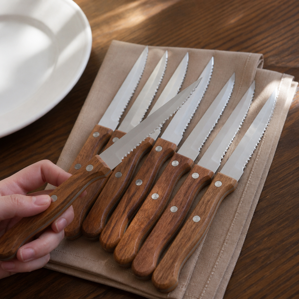 Commercial steak knives with acacia handles 113mm, 12 pack