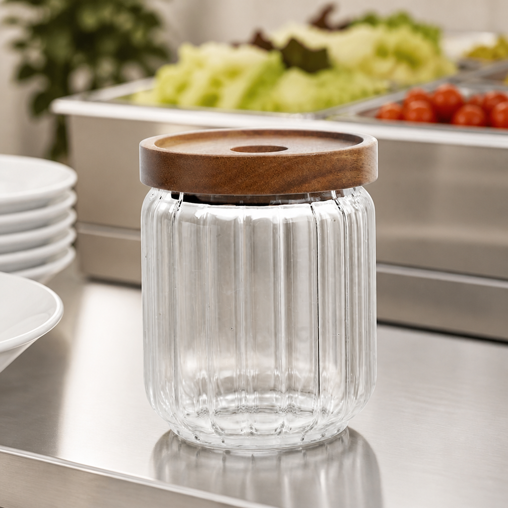 Commercial Condiment Jars with Wooden Lids 570ml 24 Pack