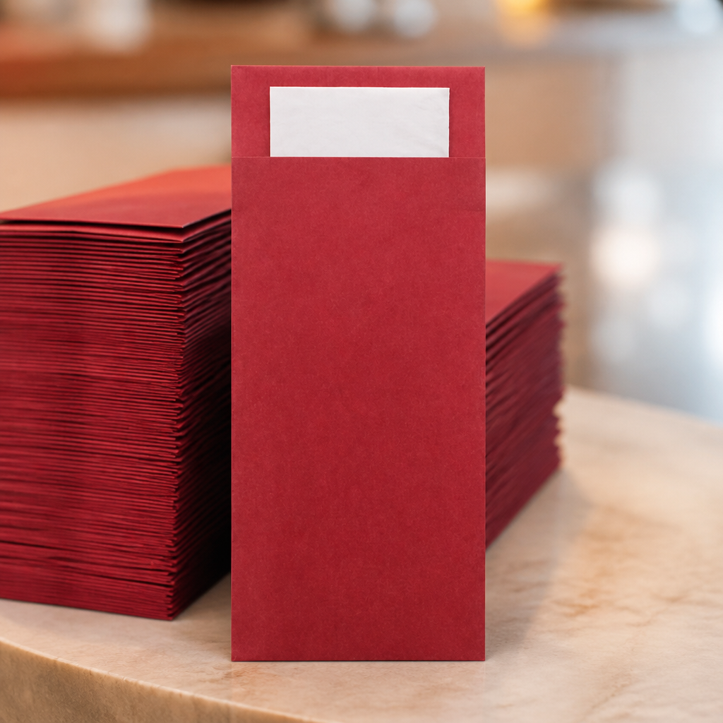 Beet red commercial cutlery pouches with napkin, 500 pack.