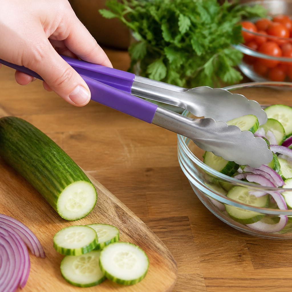9" Purple Kool Touch Tongs for allergen safety in kitchens