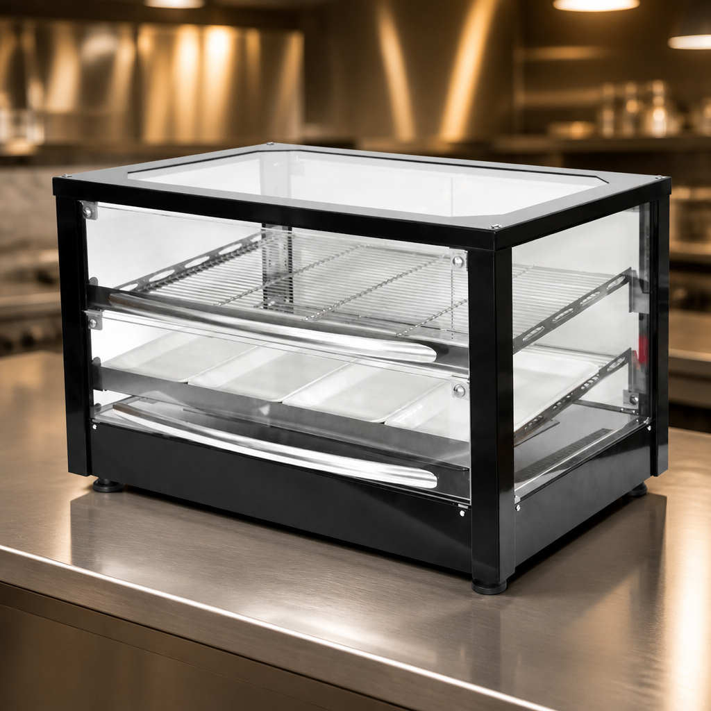 Commercial heated display cabinet with 2 shelves in black finish