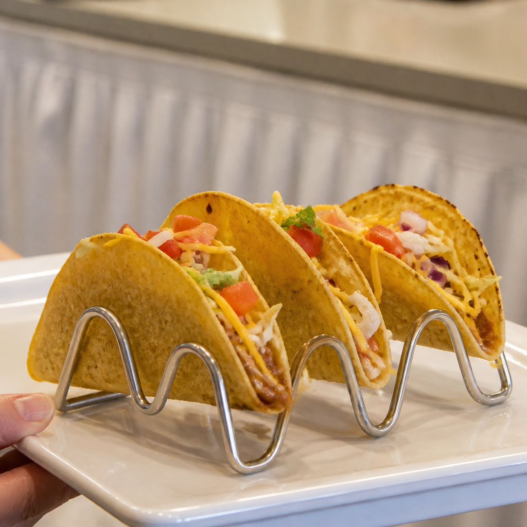 Commercial stainless steel taco holder for 2-3 tacos