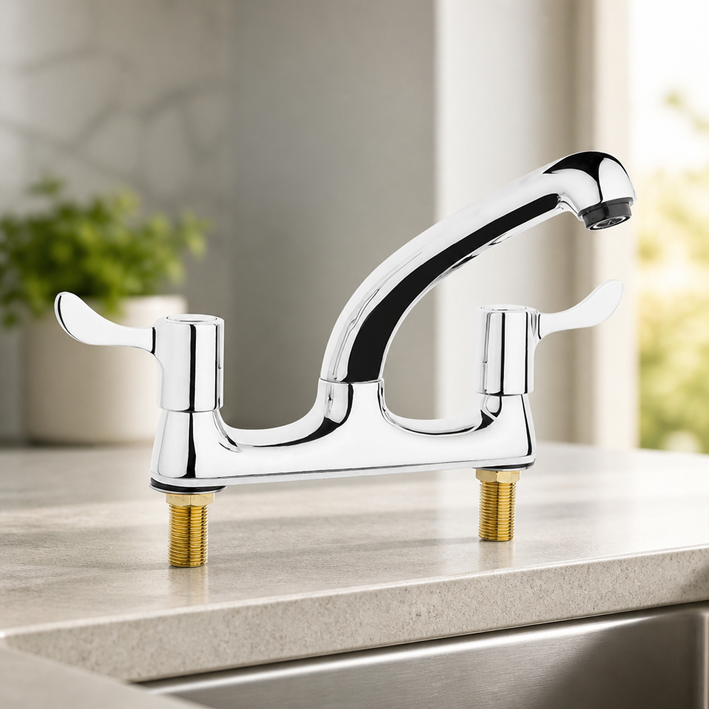 Commercial Twin Mixer Lever Deck Tap Polished Stainless Steel