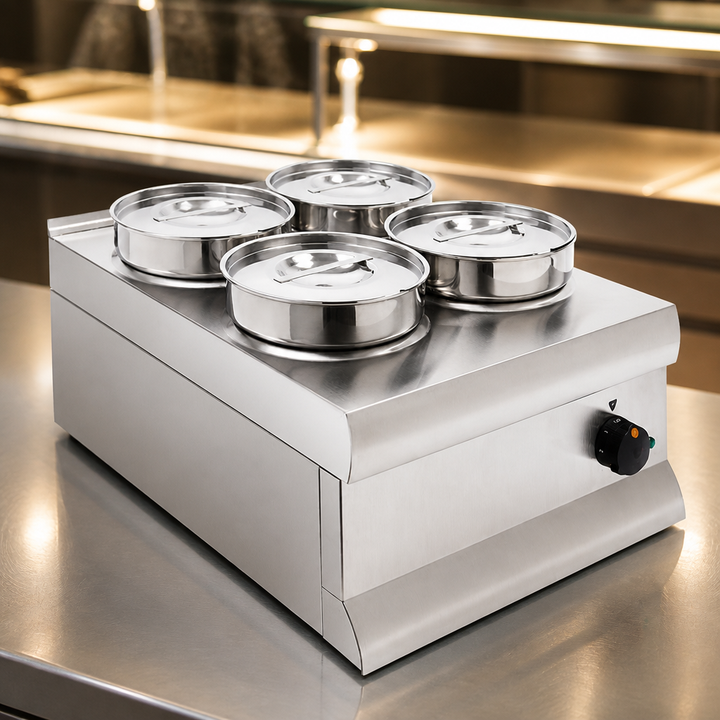 Commercial Bain Marie 4 Pot 600mm Countertop 750W Dry Heat