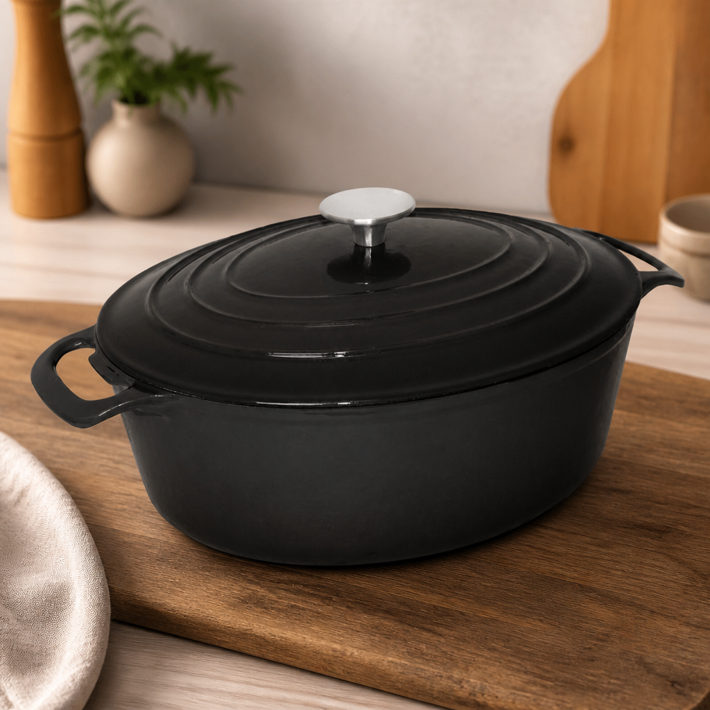 Commercial Cast Iron Oval Casserole Dish 6Ltr Black
