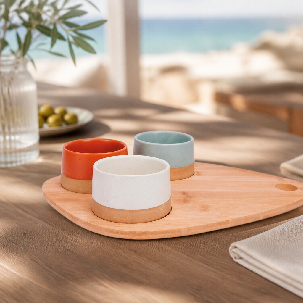 Commercial Wooden Tapas Serving Set with Ceramic Bowls