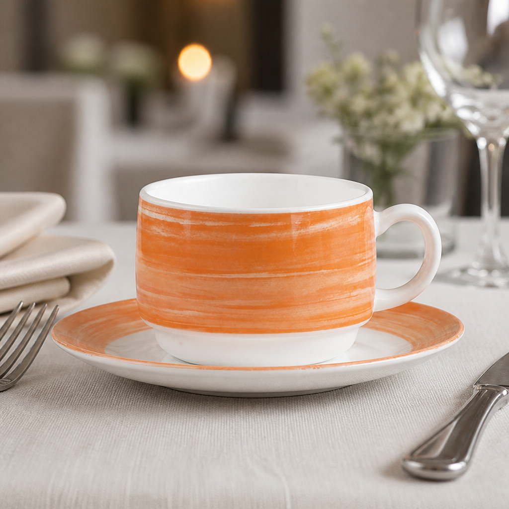 Pack of 48 durable 190ml commercial brush cups in orange