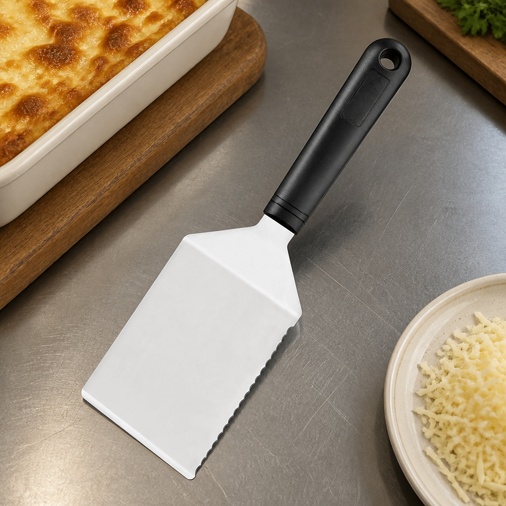 Commercial stainless steel lasagne lifter with serrated edge