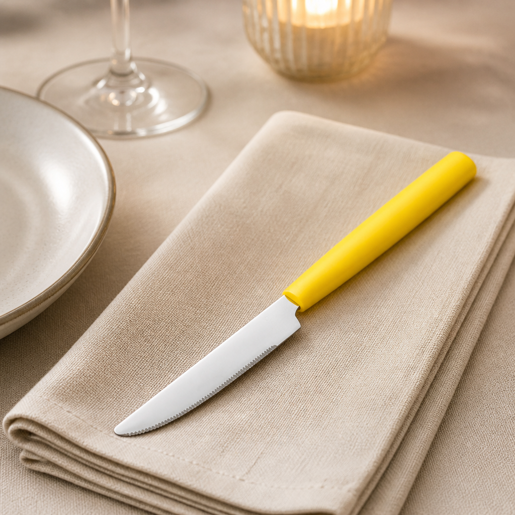 Pack of 12 commercial table knives with yellow handles