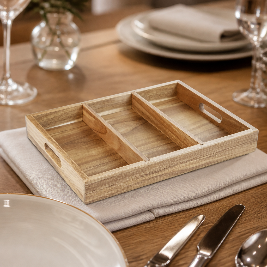 Commercial Acacia Wood Cutlery Tray with Three Compartments