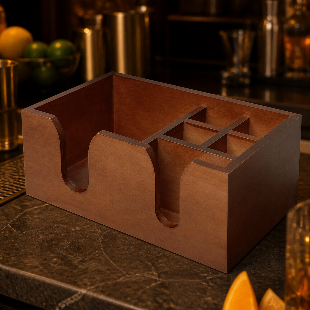 Wooden Bar Caddy with 6 compartments for commercial use